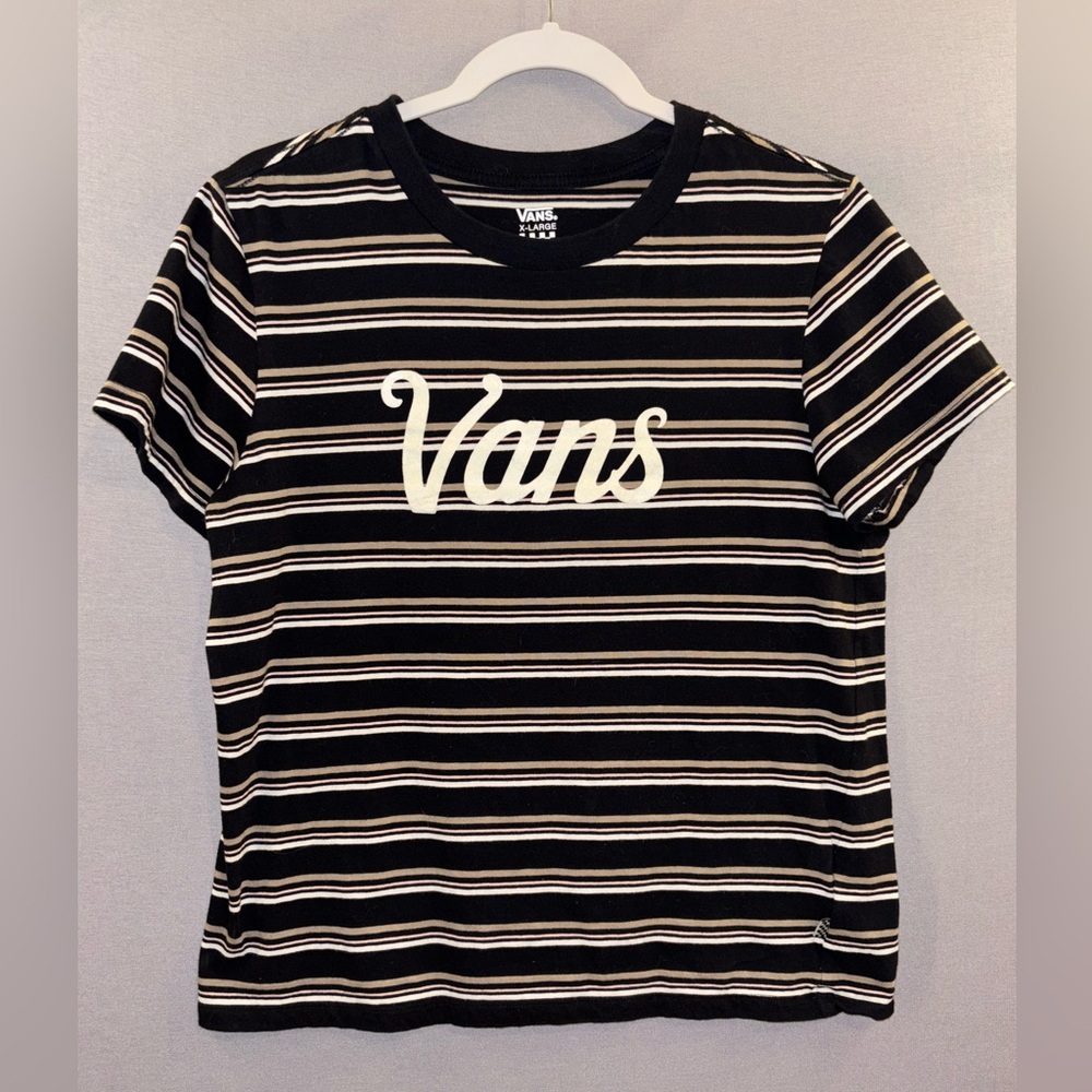 VANS women’s short sleeve t shirt striped black size XL skater emo grinder Y2K
